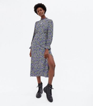 Blue Ditsy Floral High Neck Long Sleeve ...